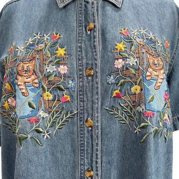 Vintage Cat Embroidered Denim Shirt Cottagecore Coquette Whimsical Floral - Picture 5 of 12